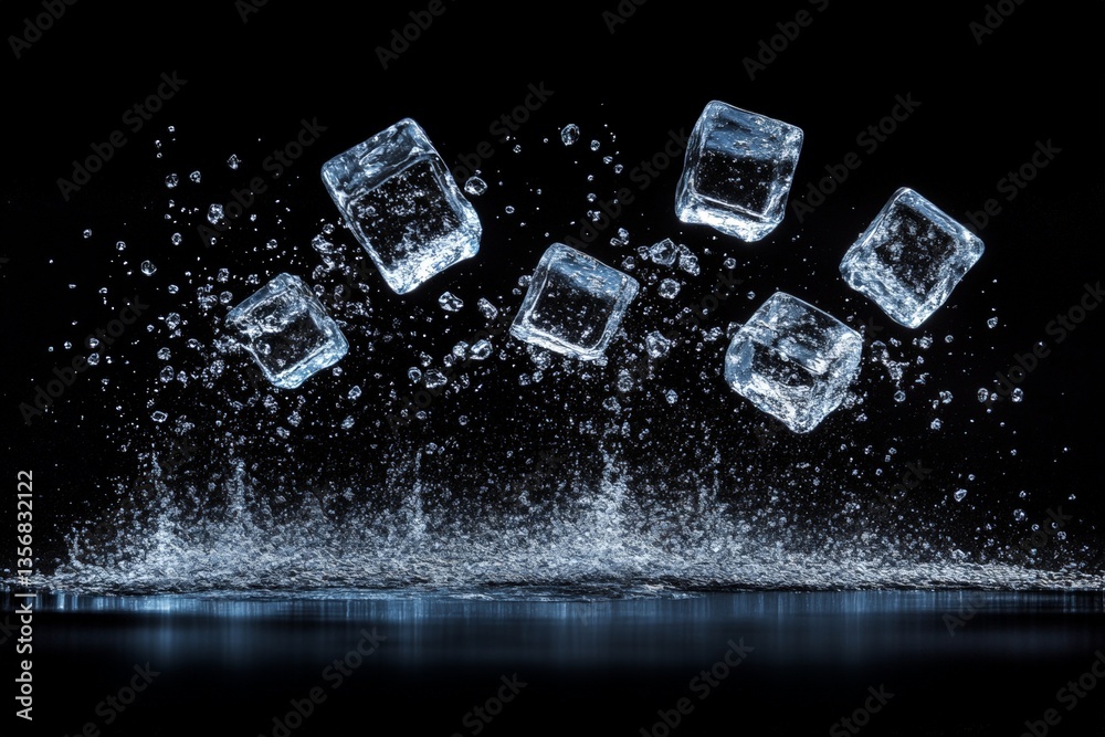 Poster Ice cubes falling into water, creating splashes and bubbles in a dark environment