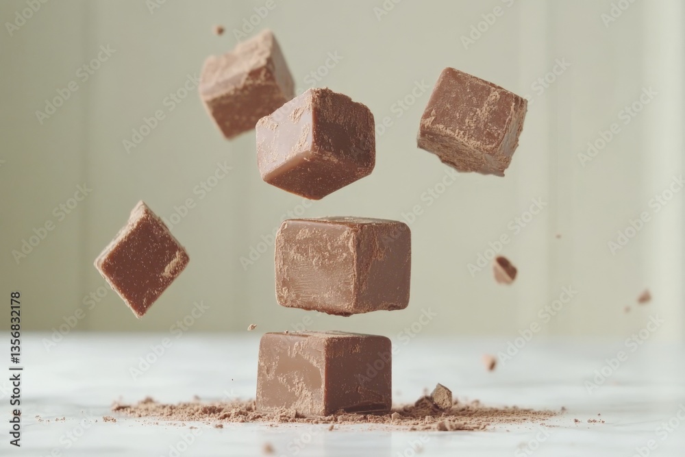 Aufkleber Chocolate squares floating above a surface create a whimsical view in a simple setting