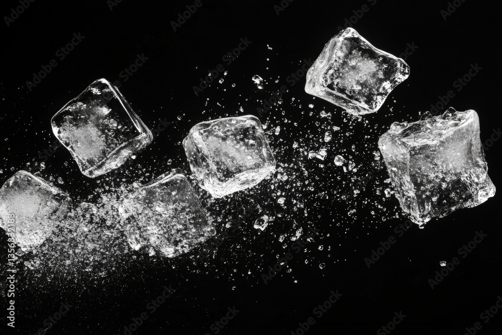 Poster Frozen ice cubes in motion creating splashes under black background