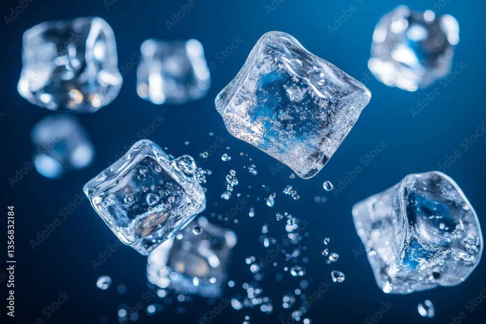 Poster Ice cubes splash and glisten in the air, creating a refreshing sensation during a summer drink preparation