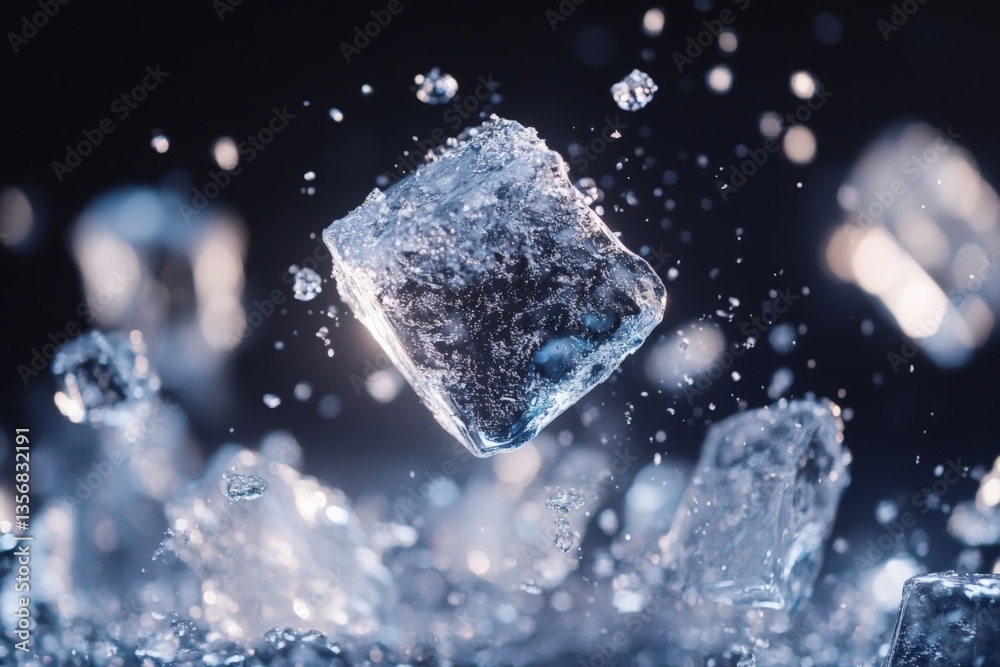 Poster Captivating moment of ice cube splashing with water in a dark background
