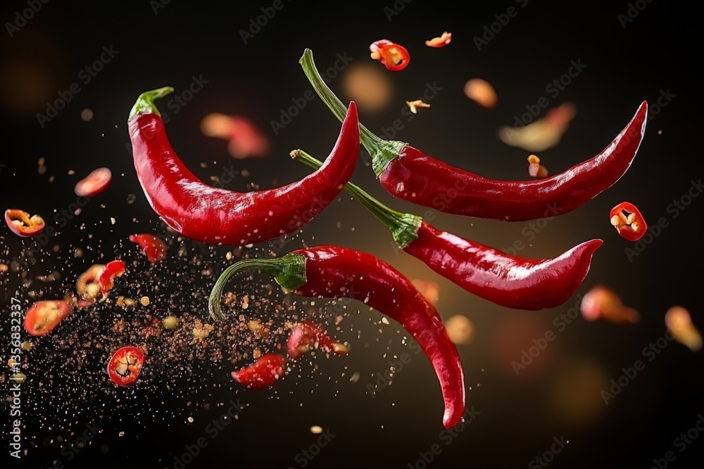 Poster Red chili peppers floating with spices in a dark background highlighting culinary flavors
