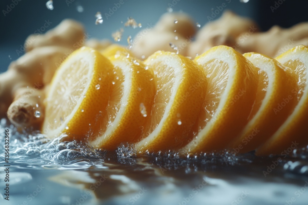 Aufkleber Freshly sliced lemons arranged on a reflective surface with ginger root in the background during a bright kitchen setting