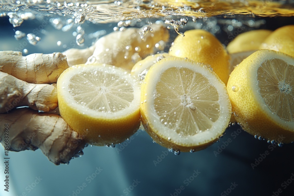 Poster ginger and lemon slices submerged in clear water with bubbles at a kitchen setting