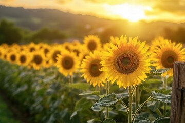 Obraz premium Sunlit sunflower field with golden blooms at sunset.