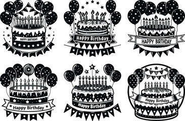 Black & White Birthday Cake Vector Graphics: Vintage Style Party Decorations, Balloons, Banners & Celebration Clip Art for Design Projects