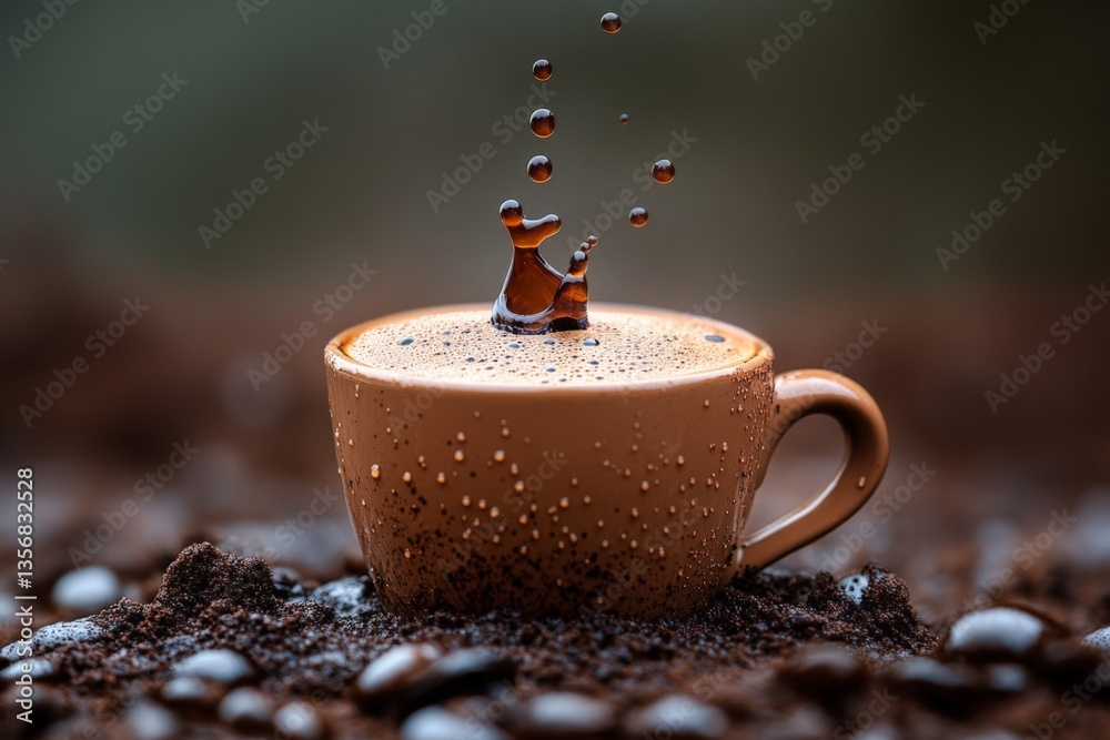 Poster Freshly brewed coffee cup with water droplets splashing in warm light setting on a rustic surface