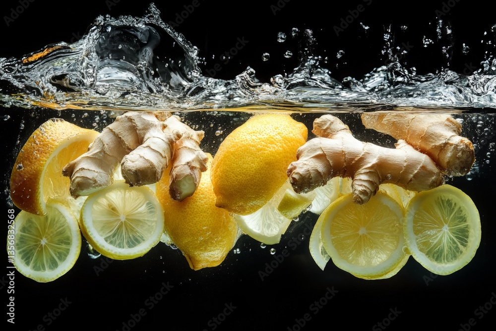 Poster Fresh ginger and lemons create a vibrant underwater splash in a dark setting