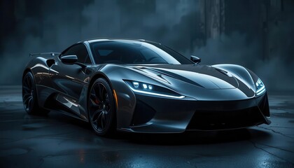 Fototapeta premium sleek black sports car with aggressive aerodynamics and LED headlight