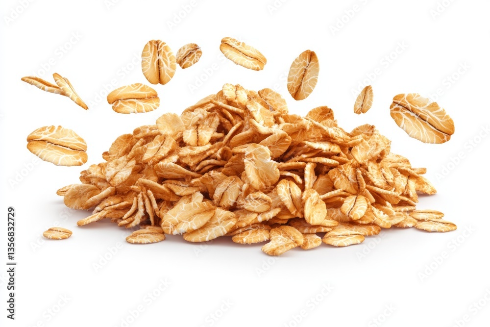 Poster Pile of golden oats with scattered flakes floating above on a white background