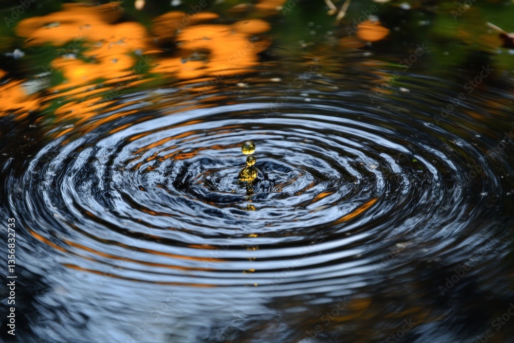 Poster water droplet creates ripples on a calm pond surface reflecting autumn colors in the background duri