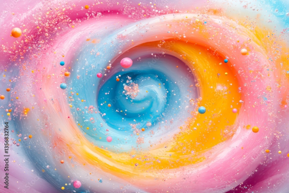 Poster Colorful swirl of paint creating an abstract galaxy with playful bubbles and sparkles in vibrant hues