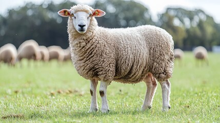 Fototapeta premium Texel sheep stands alert in bright meadow showcasing its dense snow-white fleece