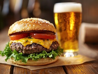 Gourmet Burger and Beer Pairing: A mouthwatering image of a gourmet burger paired with a refreshing glass of beer, showcasing culinary delight.