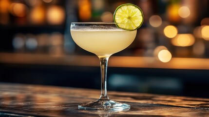 A close-up of a classic daiquiri cocktail with a lime wedge garnish, served in a chilled martini glass on a rustic bar counter.
