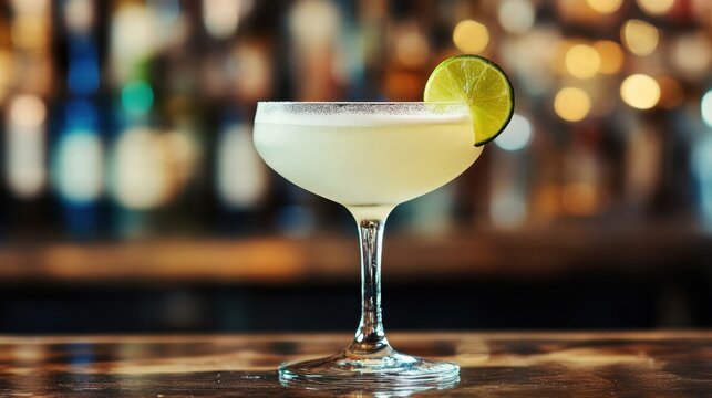 A close-up of a classic daiquiri cocktail with a lime wedge garnish, served in a chilled martini glass on a rustic bar counter.