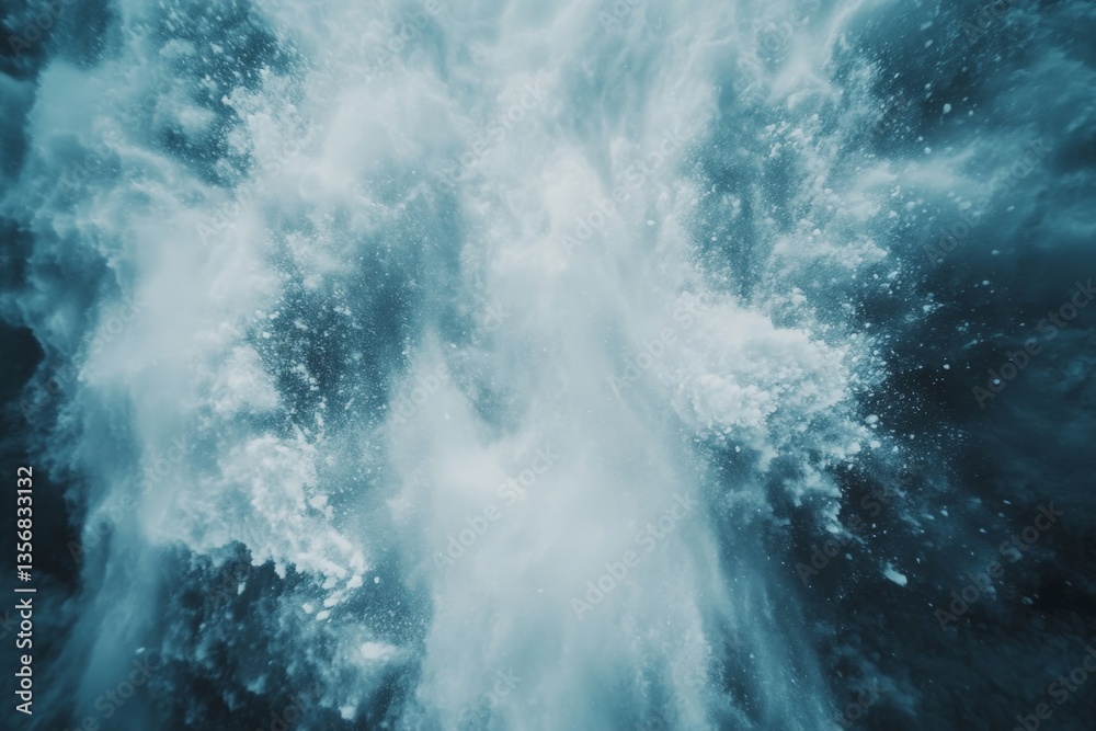 Poster powerful ocean waves crashing against rocky shore creating mist and foam during late afternoon light