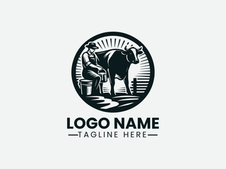 Farmer Milking Cow Traditional Dairy Farm Logo Design, Dairy Farmer Milking Cow Logo