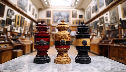 Three decorative urns displayed on a marble table in a museum