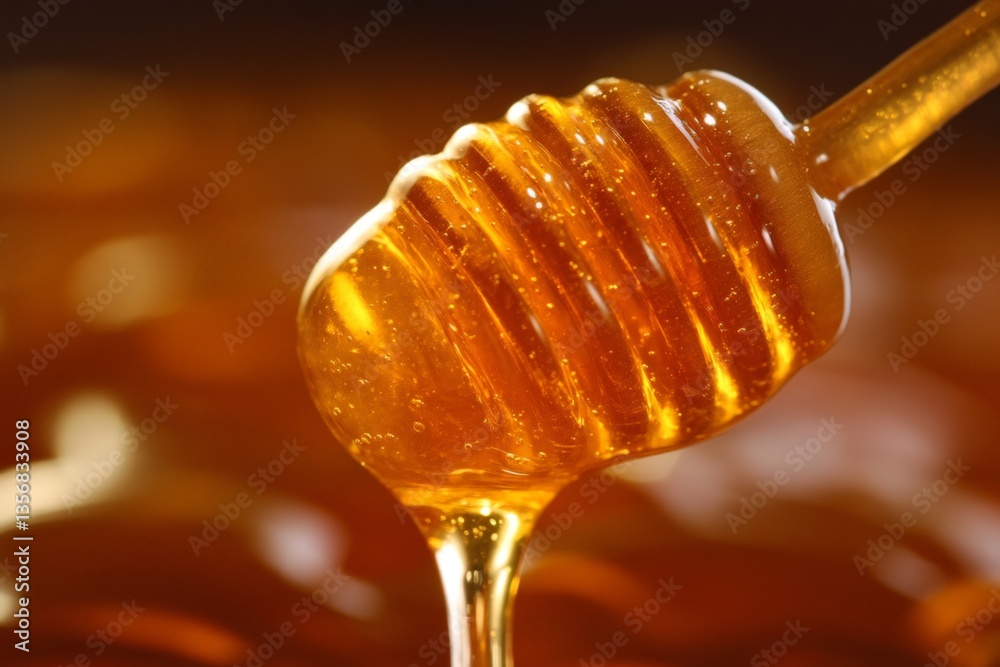 Poster honey drips from a wooden dipper with a golden hue in a warm environment highlighting its smooth tex