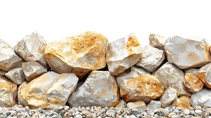 A close-up view of various rocks and gravel forming a natural landscape featuring alluvial gold in the background scene