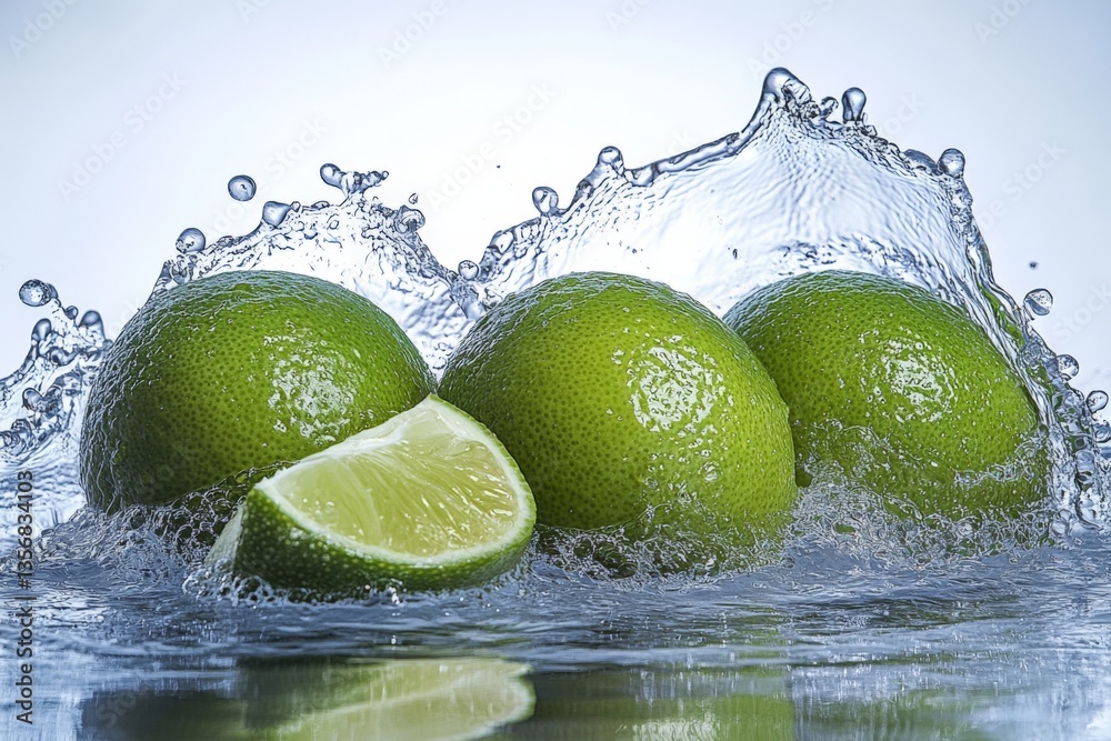 Poster Fresh green limes splashing in water creating dynamic waves and droplets in a bright setting