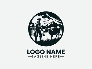 farmer milking cow with pail. Traditional dairy farm logo