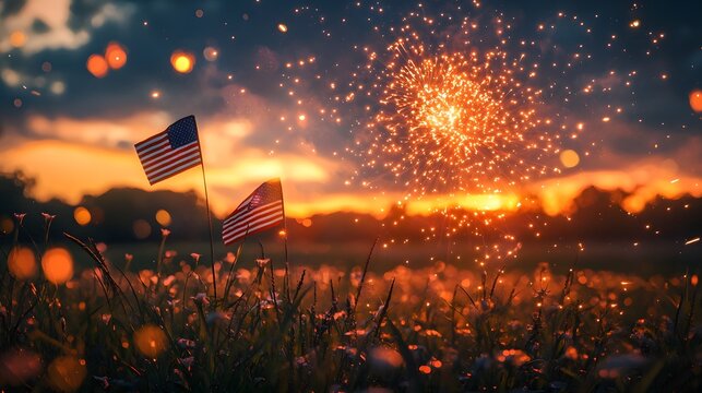 Fireworks Sunset, Field, Patriotism, Celebration