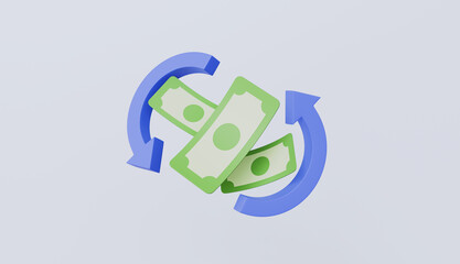 Round Arrow with Dollar Banknotes, Refund and Digital Payment, Return of Investment, Cashback or Return Money in Shopping, Payment with Money Back