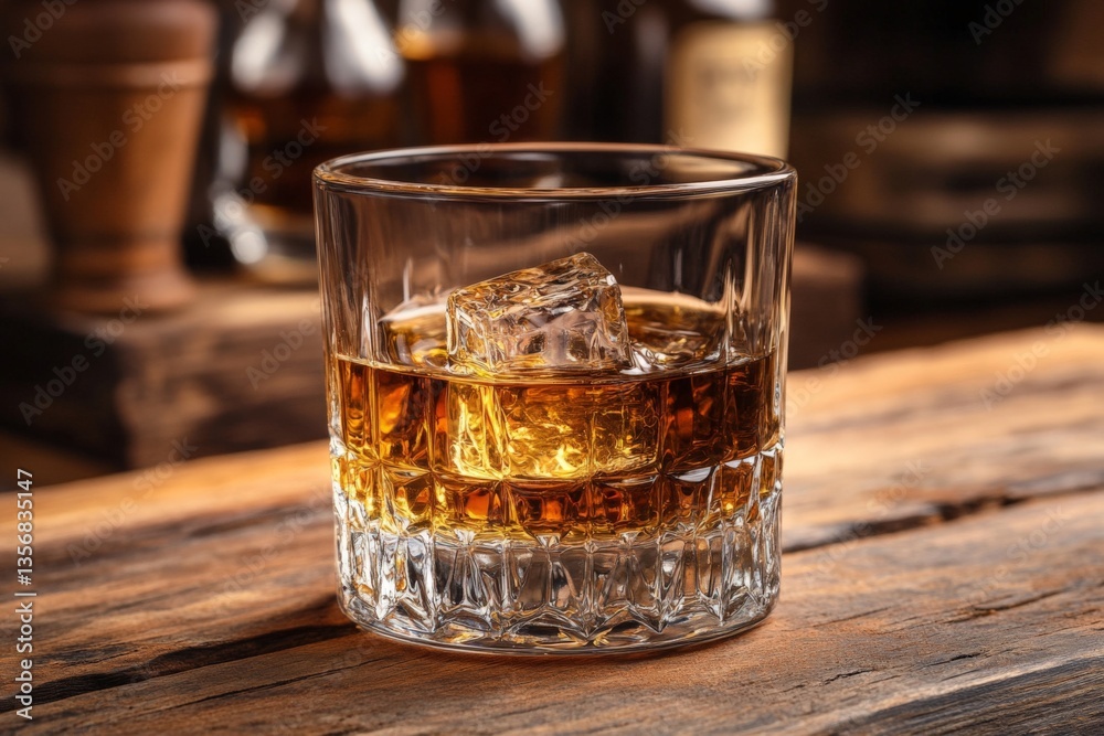 Poster whiskey served in a crystal glass with ice cubes on a rustic wooden table in a cozy bar setting
