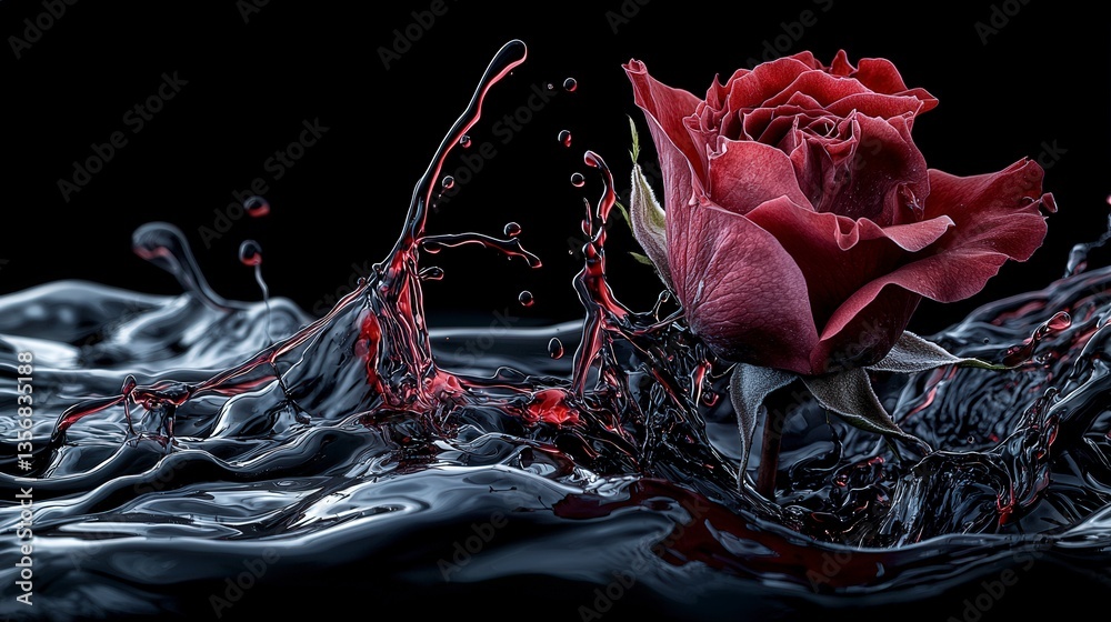 Poster dynamic red rose splashing in dark liquid artistic photography abstract art close-up perspective