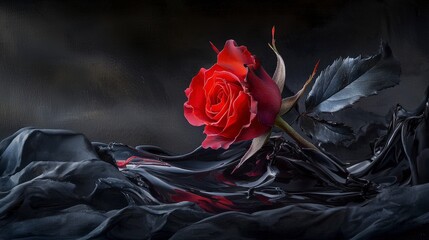 Elegant red rose on dark velvet close-up photography mysterious setting artistic perspective
