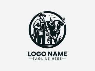 farmer milking cow with pail. Traditional dairy farm logo