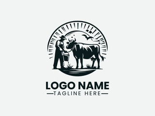 farmer milking cow with pail. Traditional dairy farm logo