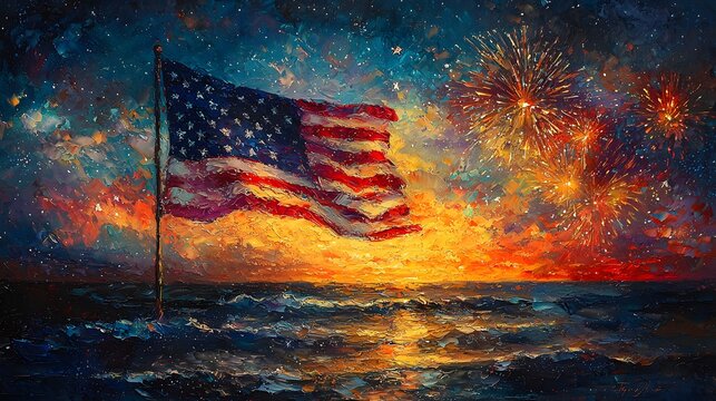 Flag, fireworks, ocean sunset, patriotic scene