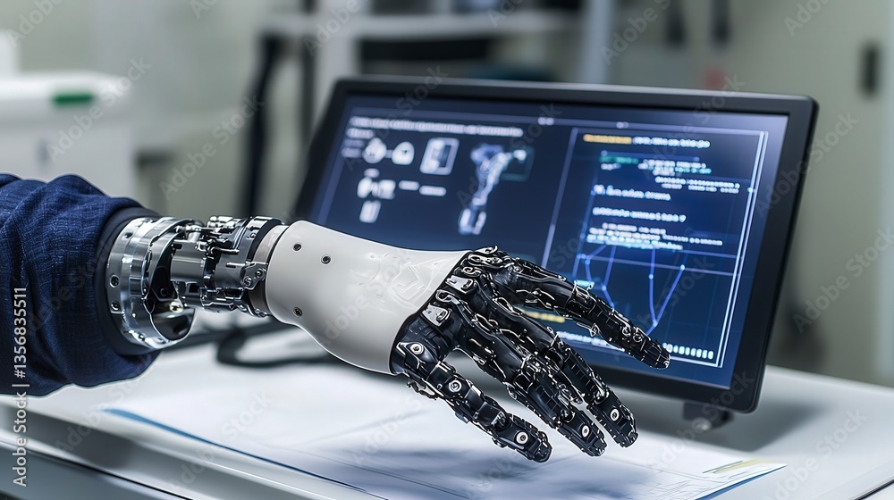 Poster High-tech robotic hand innovations ai-enhanced digital interfaces in a futuristic laboratory setting