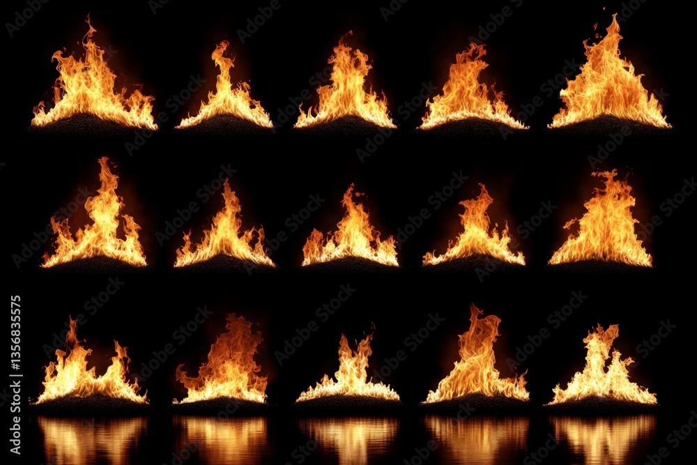 Leinwandbilder dynamic flames displayed in a series of vibrant patterns on a dark background