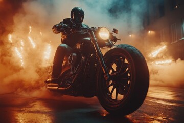 Motorcycle rider performing a stunt in a smoky urban environment at night