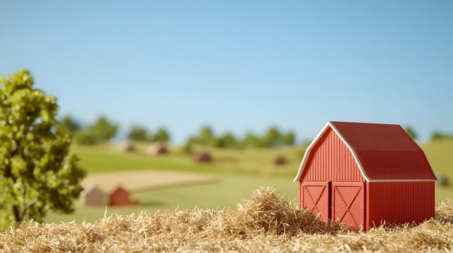 Charming red barn nestled in a vast green field under a clear blue sky creating a stunning rural landscape scene
