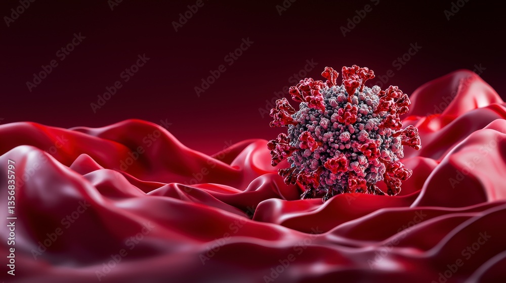 Poster covid-19 virus close-up laboratory setting scientific image red background macro view health awarene