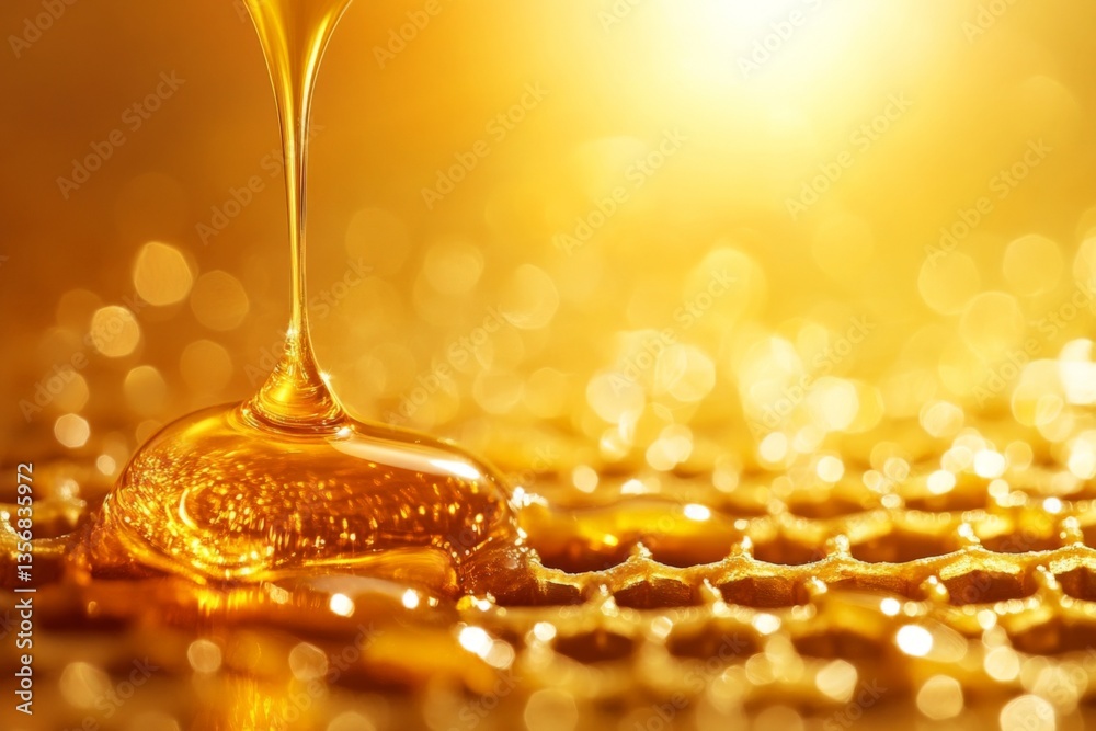 Poster Golden honey flowing from a comb, showcasing its rich texture and color in a warm light setting