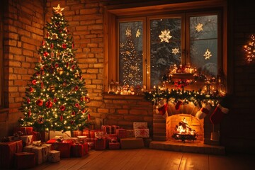 Fototapeta premium Cozy winter evening with Christmas tree glowing beside a warm fireplace in a rustic cabin setting