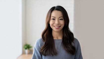 portrait of smiling 30s Caucasian woman look at camera posing in own flat or apartment