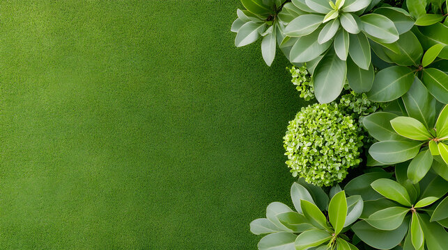 Green plants placed on corner of textured grass surface create clean nature layout suitable for banner design, eco campaigns, or natural branding. Selective focus