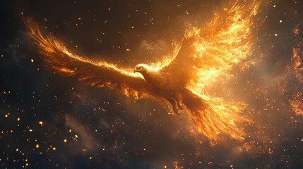 Fototapeta premium Majestic phoenix soars through a fiery night sky with glowing ember trails in a dramatic fantasy scene