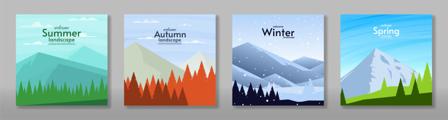 Vector illustration. Set of 4 season landscape illustration. Flat style landscape illustration. Winter, spring, summer, autumn vector landscape. Mountains with field, hills and forest.