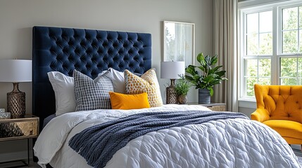 A chic bedroom with a blue upholstered headboard, yellow accent chair, and metallic bedside tables.