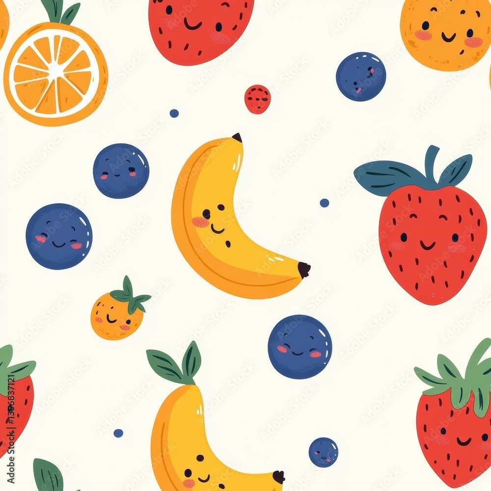 Poster Seamless baby pattern featuring cheerful cartoon fruits with smiling faces in bright and playful designs Generative AI