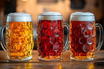 Variety of craft beers served in traditional mugs at a rustic brewery during an evening gathering