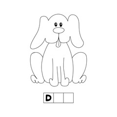 Dog, English alphabet, abc, riddle, coloring for kids, letter D, crossword, black and white doodle